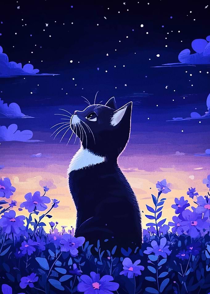 Cat Gazing at Stars in Flower Field