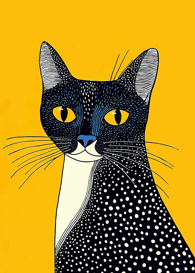 Stylized Cat Portrait on Yellow Background
