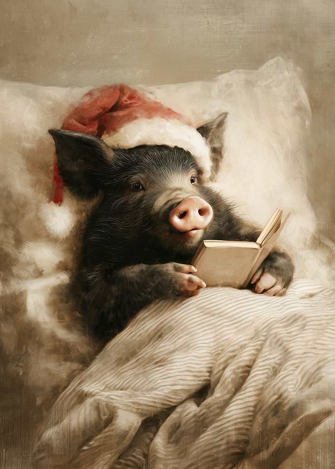 Pig in Bed Reading a Book