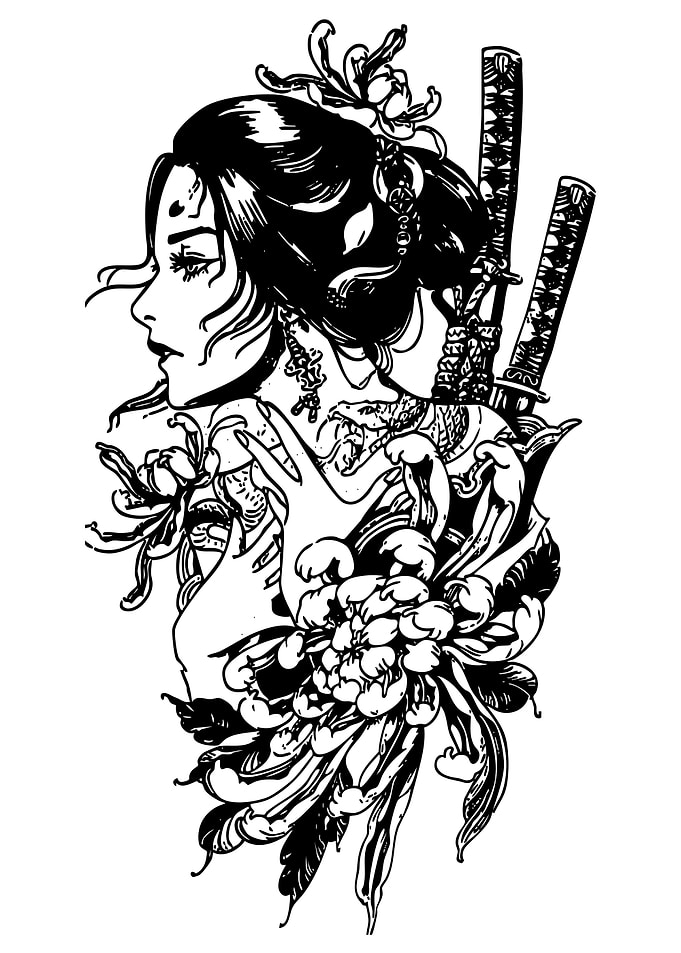 Geisha with Swords and Chrysanthemums