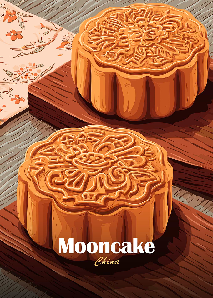 Chinese Mooncakes on Wooden Boards