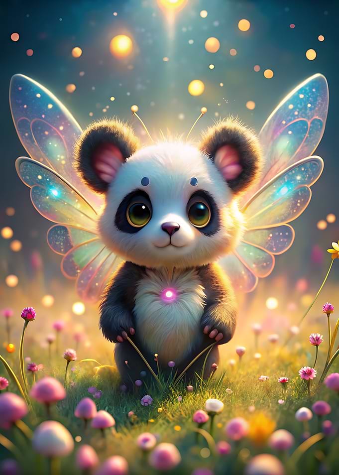 Cute Panda Fairy in Flower Field