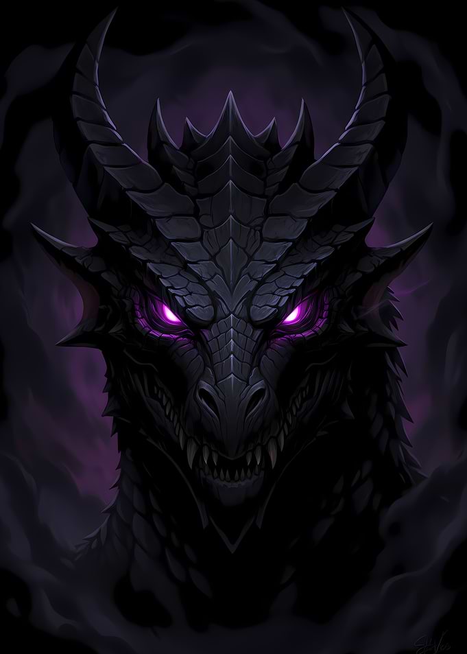 Dark Dragon with Glowing Purple Eyes