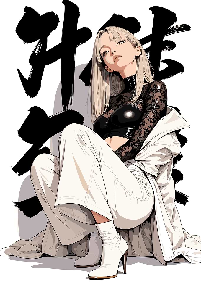 Fashionable Woman with Asian Calligraphy
