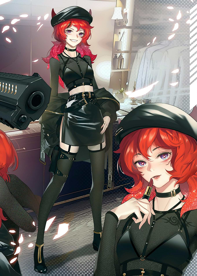 Red-haired woman with gun and lipstick
