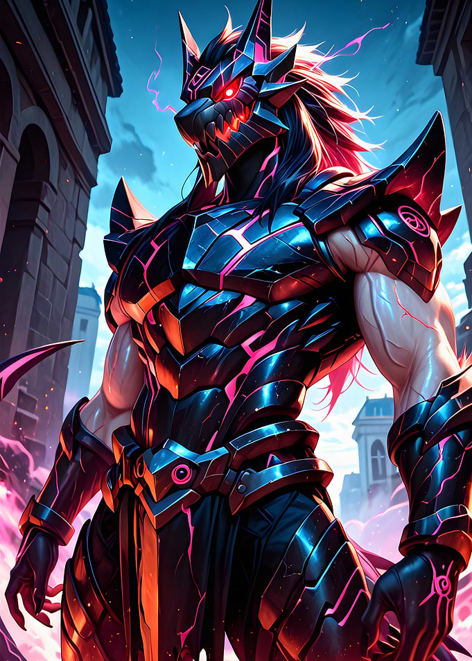 Cyberpunk Wolf Warrior in Cityscape