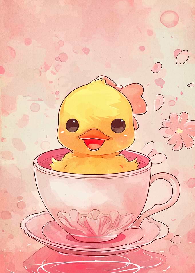 Cute Duckling in Teacup Illustration
