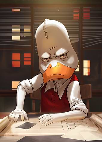 Howard Duck Cartoon Character at Desk