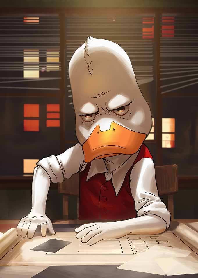 Howard Duck Cartoon Character at Desk
