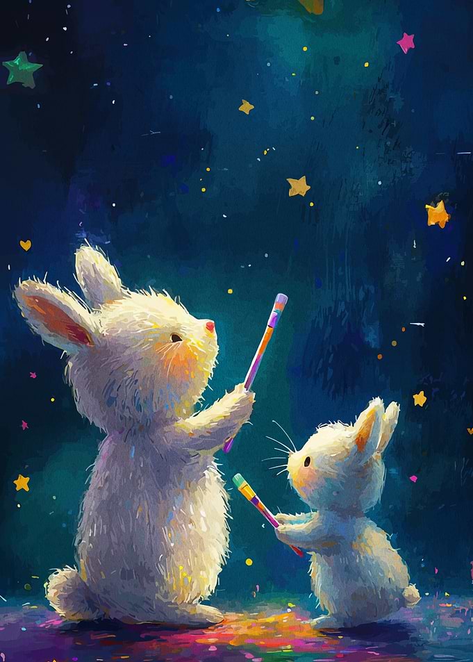 Whimsical Rabbits with Sparklers under Starry Sky