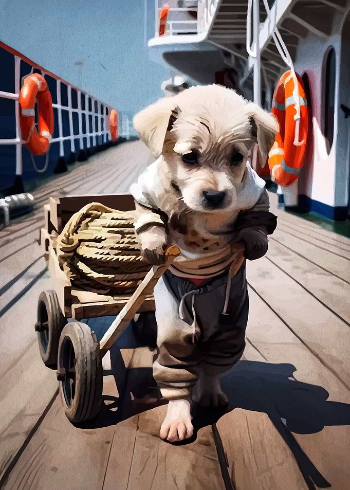 Puppy pulling cart on ship deck