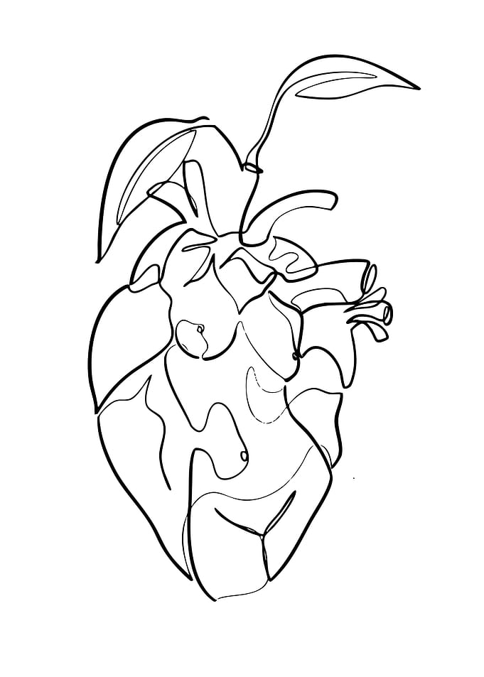 Anatomical Heart with Leaves Line Art