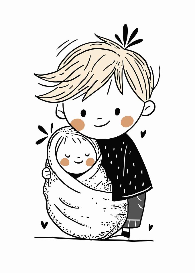 Brother holding baby cartoon illustration