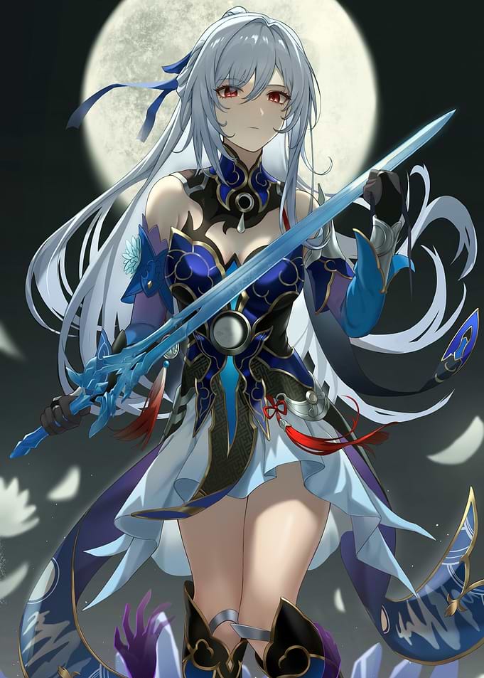 Anime Girl with Sword and Moon
