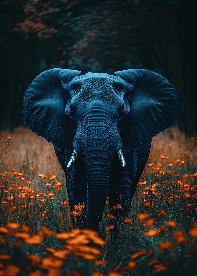 Elephant in a field of flowers
