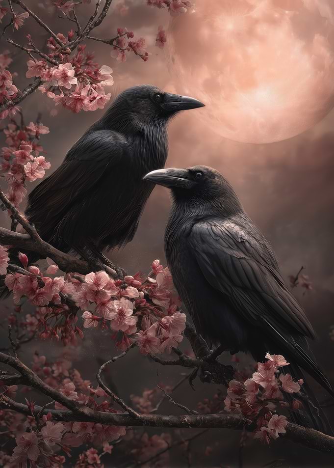 Two Ravens on Cherry Blossom Branch