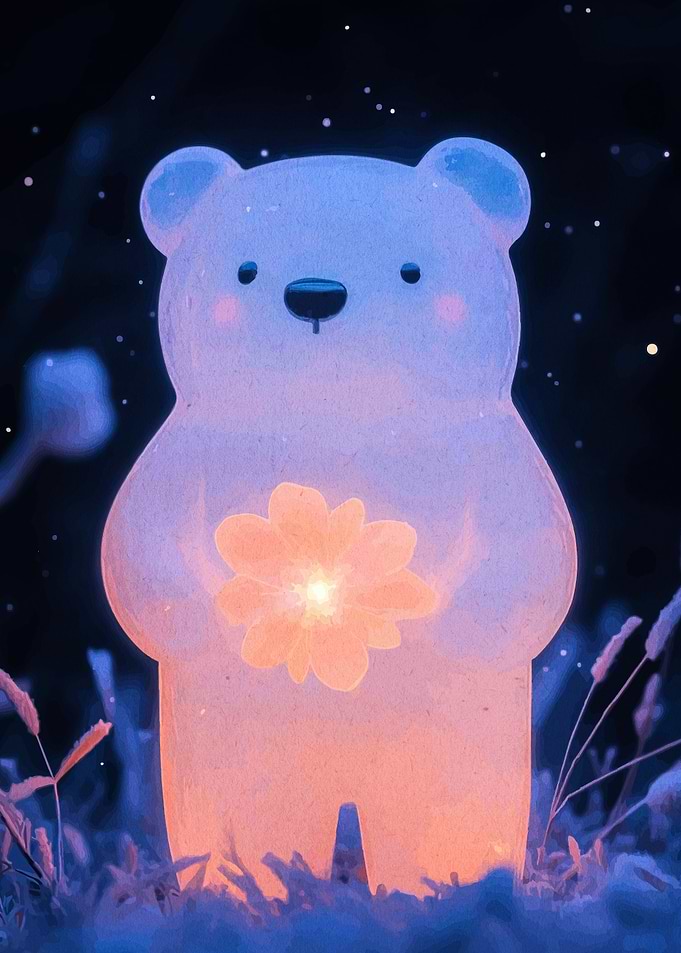 Glowing Bear with Flower in Night