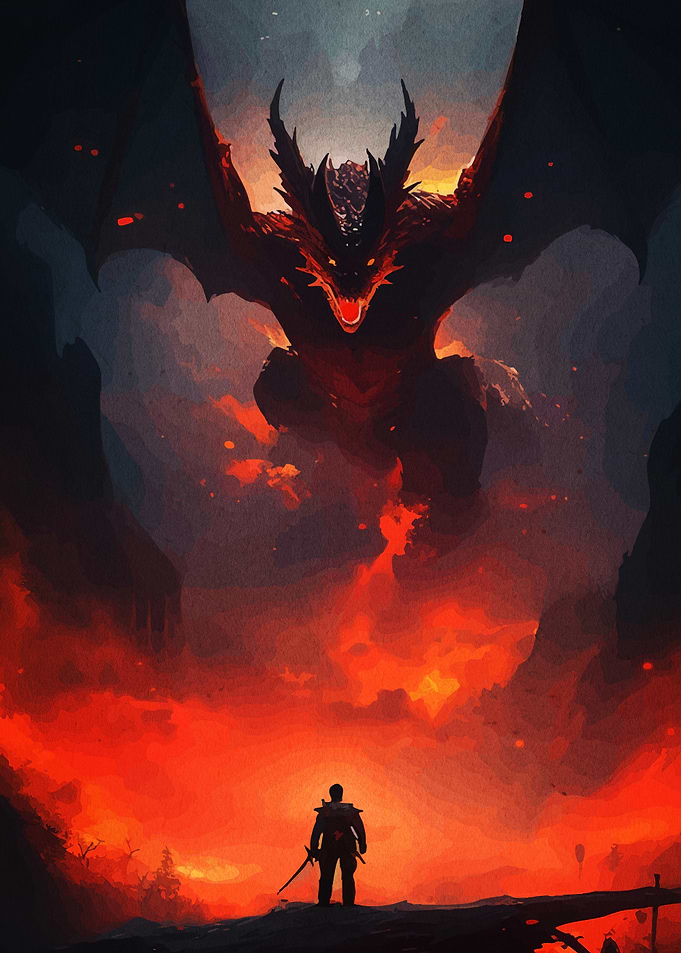 Dragon and Warrior in Fiery Landscape