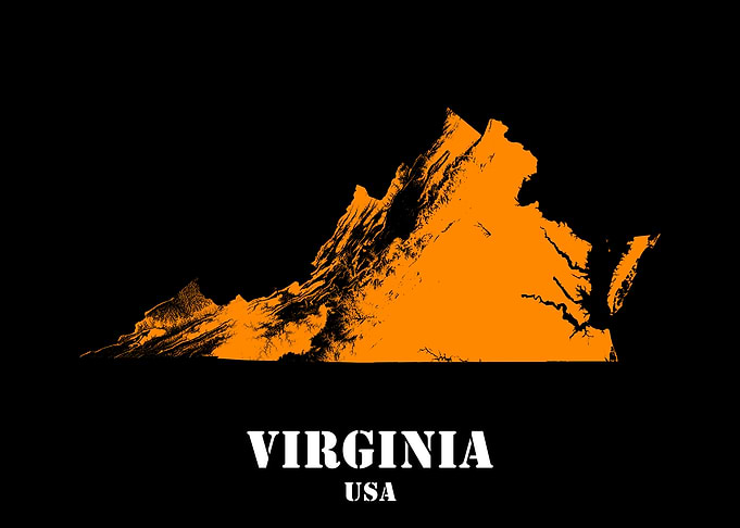 Virginia USA State Minimalist Black Orange Topographic Contour Relief Map featuring terrain in orange color