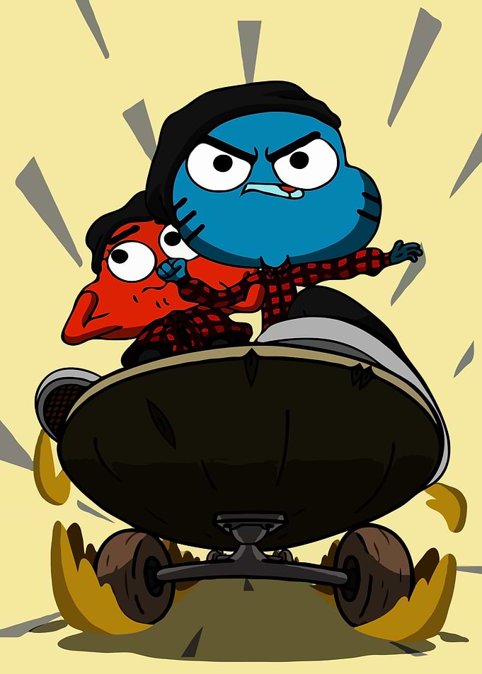 Gumball and Darwin skateboarding