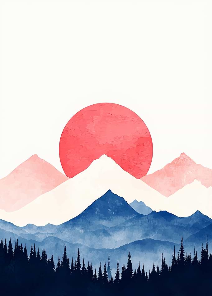 Minimalist Mountain Landscape with Rising Sun