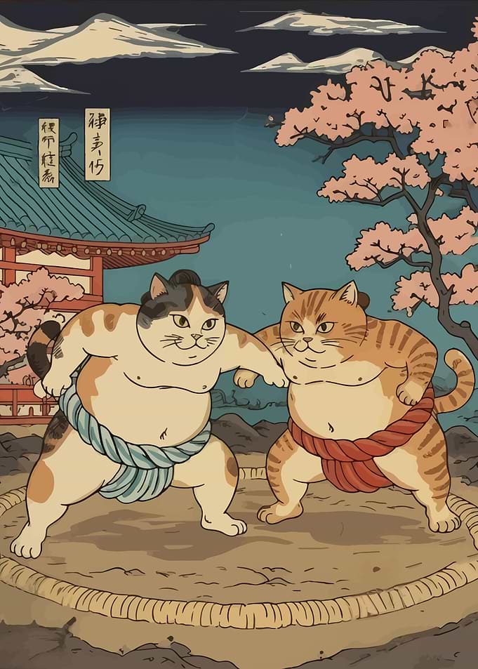 Cats Sumo Wrestlers Japanese Art Style