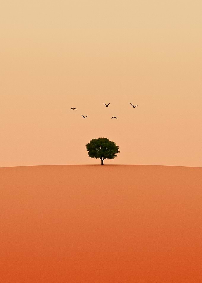 Solitary Tree with Birds in Flight