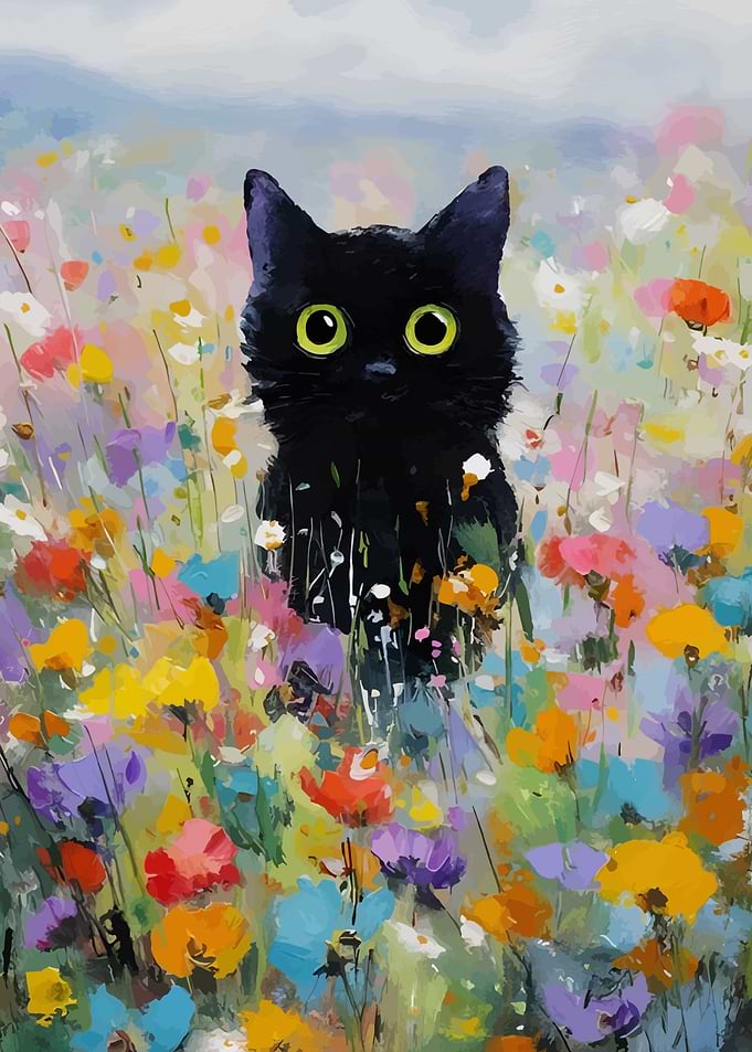 Black Cat in a Flower Field