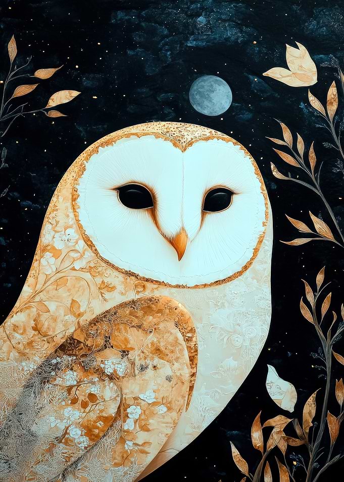 Floral Owl Under Moonlight