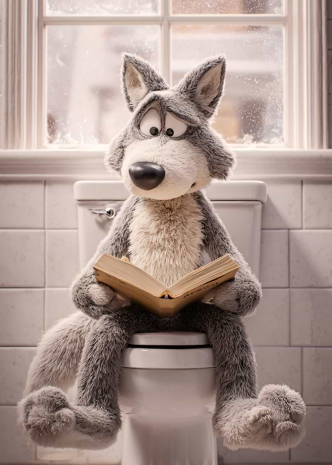Stuffed Wolf Reading on Toilet