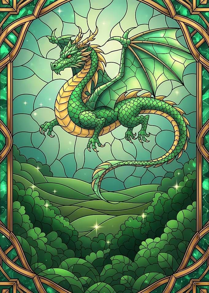 Green Dragon Stained Glass Illustration