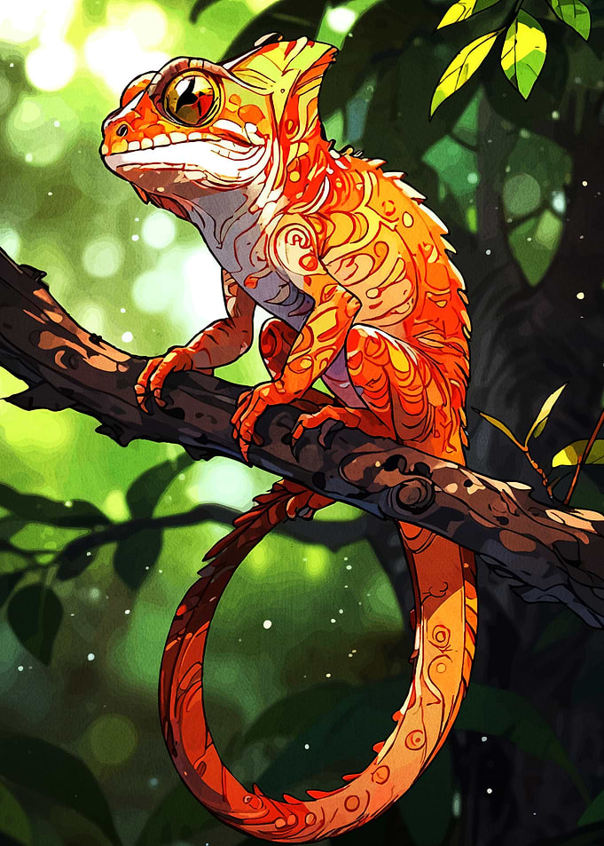 Ornate Orange Lizard on Branch