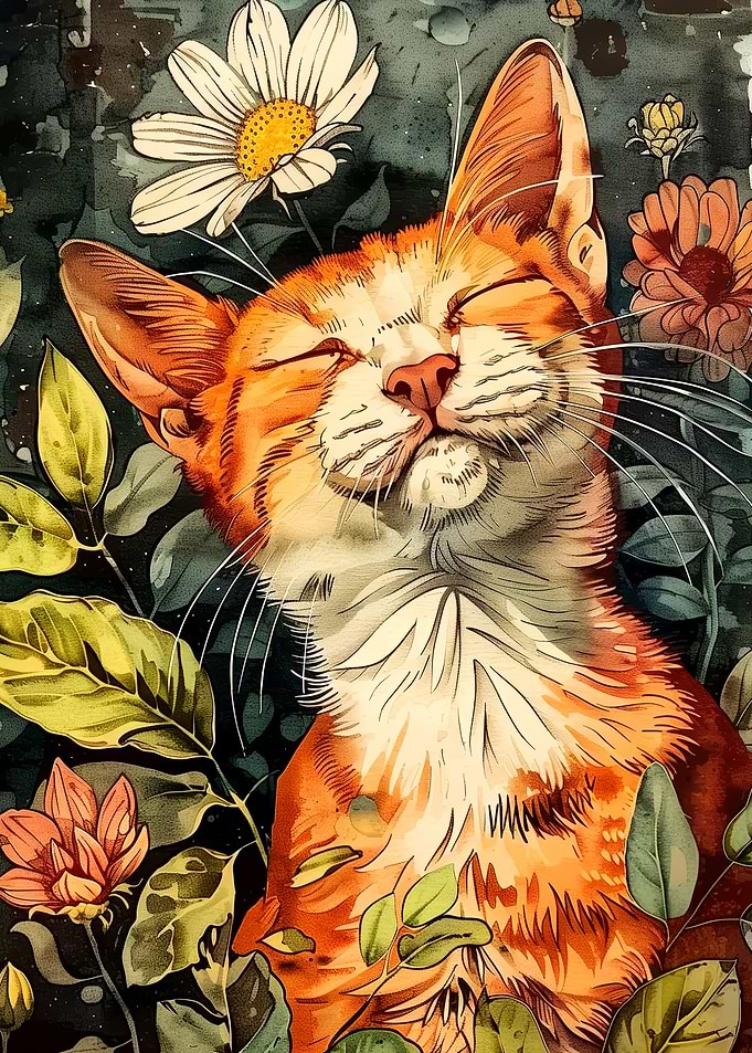 Watercolor Cat in Floral Garden