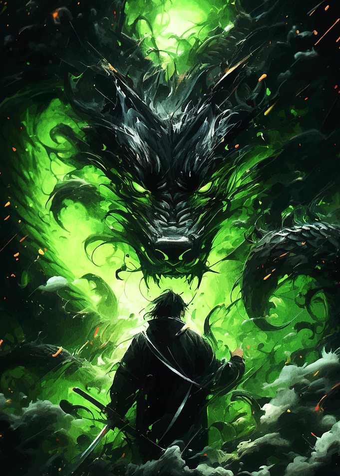 Warrior facing a spectral dragon
