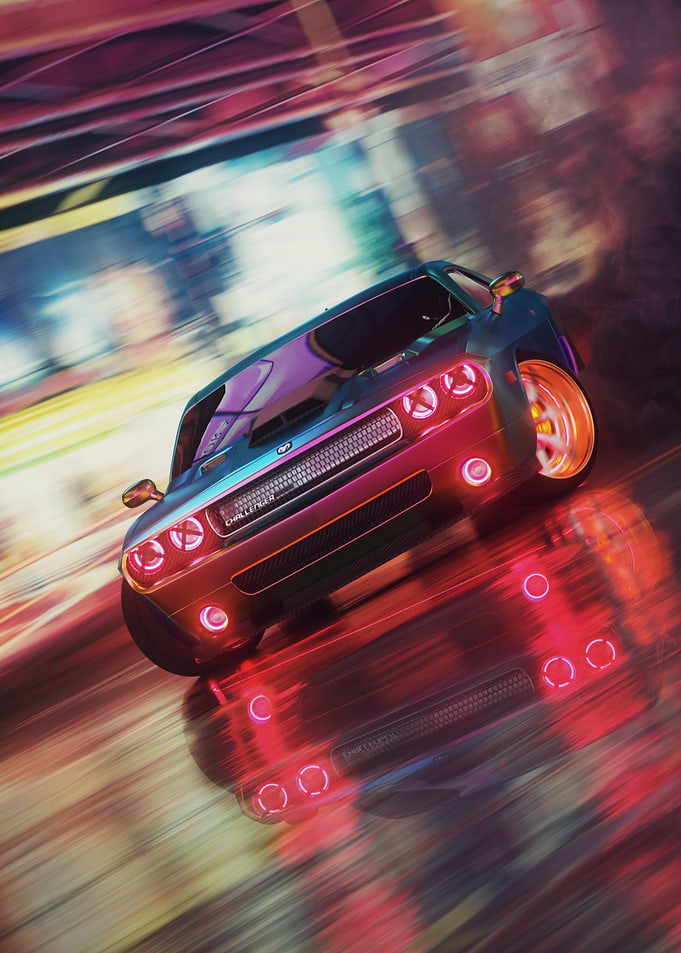 Dodge Challenger Neon Cityscape