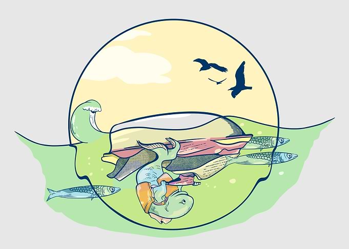 Cartoon fish on a jetski