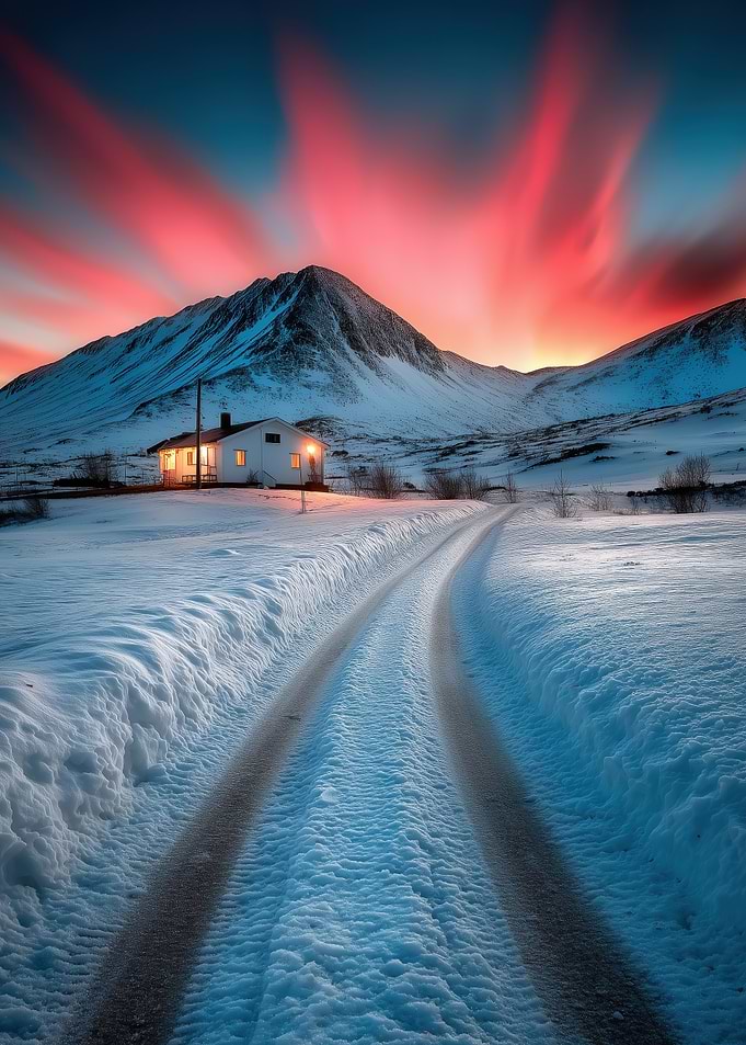 Winter Cabin Under Aurora Sky