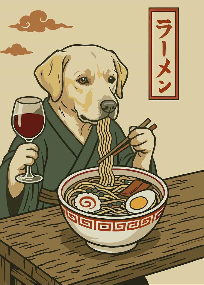 Dog Eating Ramen with Wine