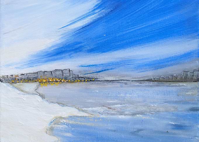 Coastal Cityscape Painting with Blue Sky