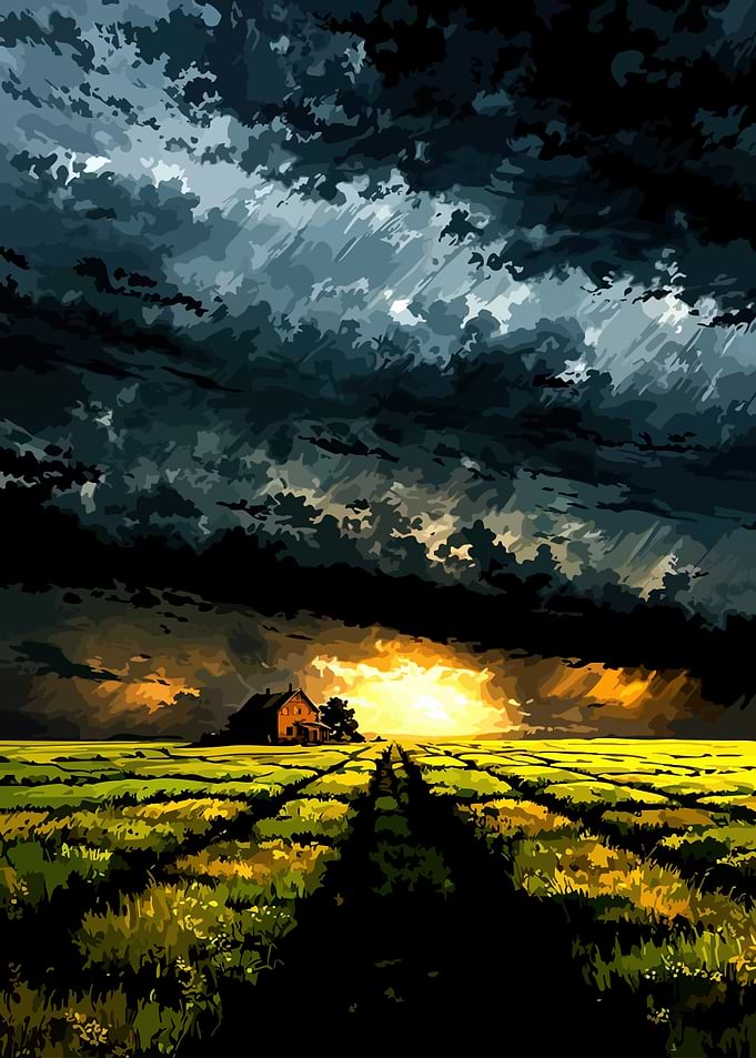 Dramatic Farmhouse Landscape Under Stormy Sky