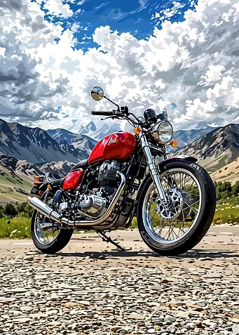 Red Motorcycle in Mountain Landscape