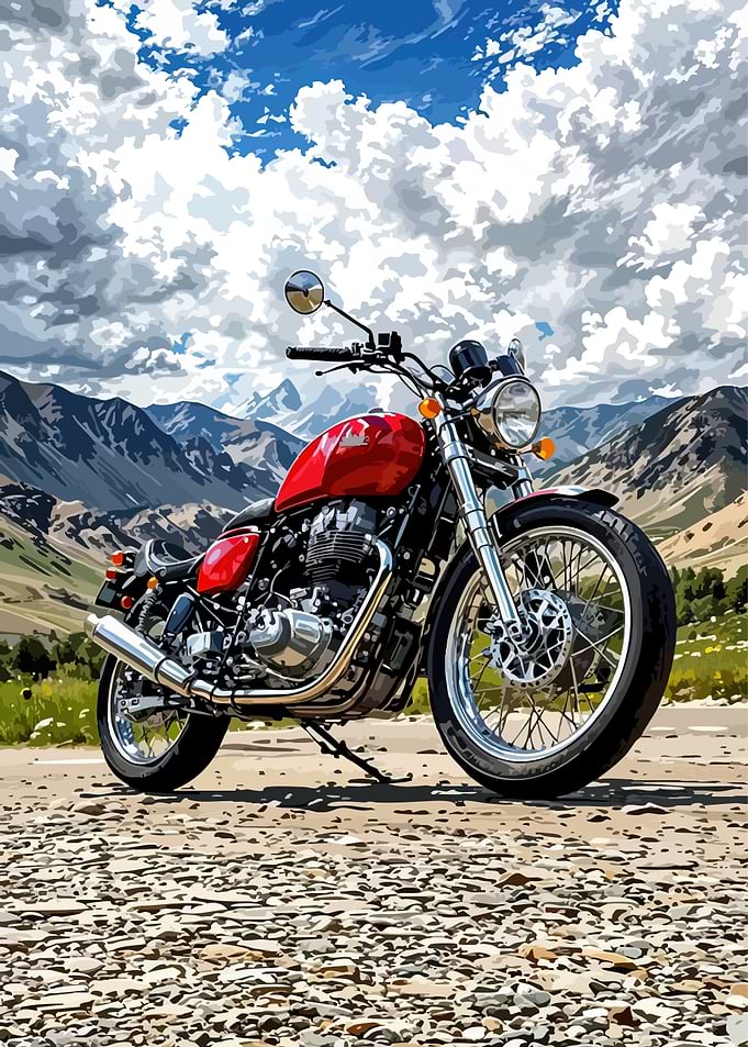 Red Motorcycle in Mountain Landscape