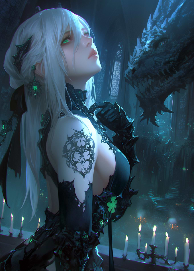 Woman with Dragon in Gothic Setting