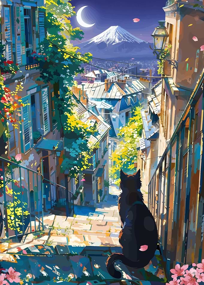 Cat on Steps Overlooking Cityscape