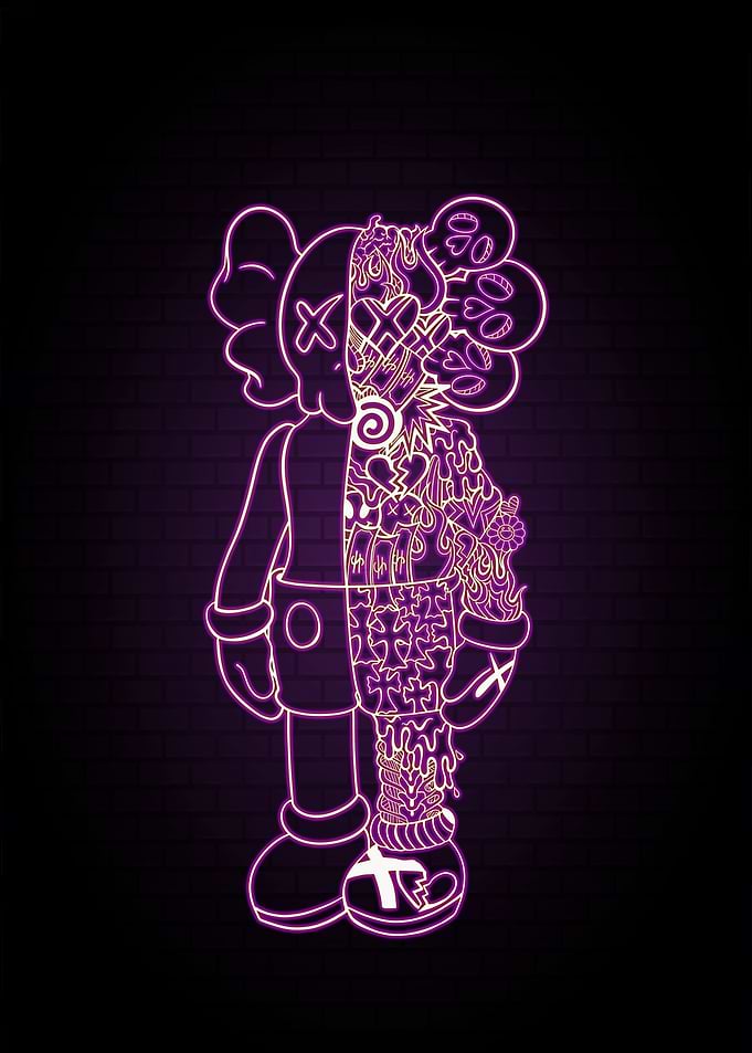 Neon Kaws Figure on Brick Wall