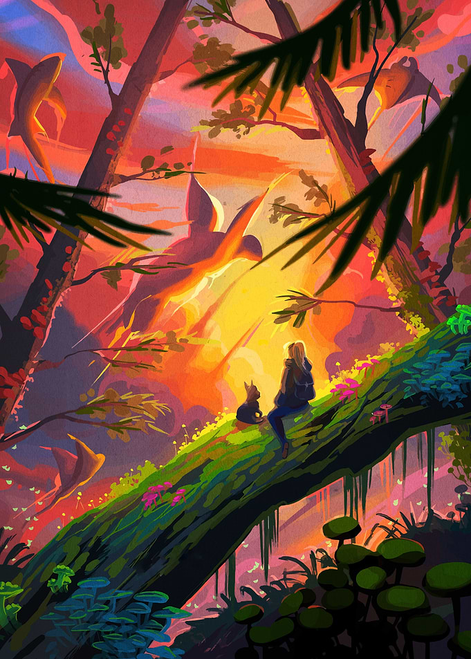 Fantasy Landscape with Woman and Dog