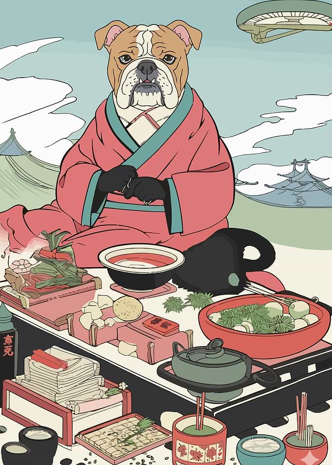 Bulldog in Kimono with Japanese Cuisine