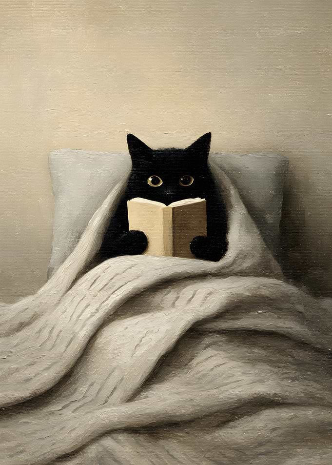 Black Cat Reading in Cozy Bed