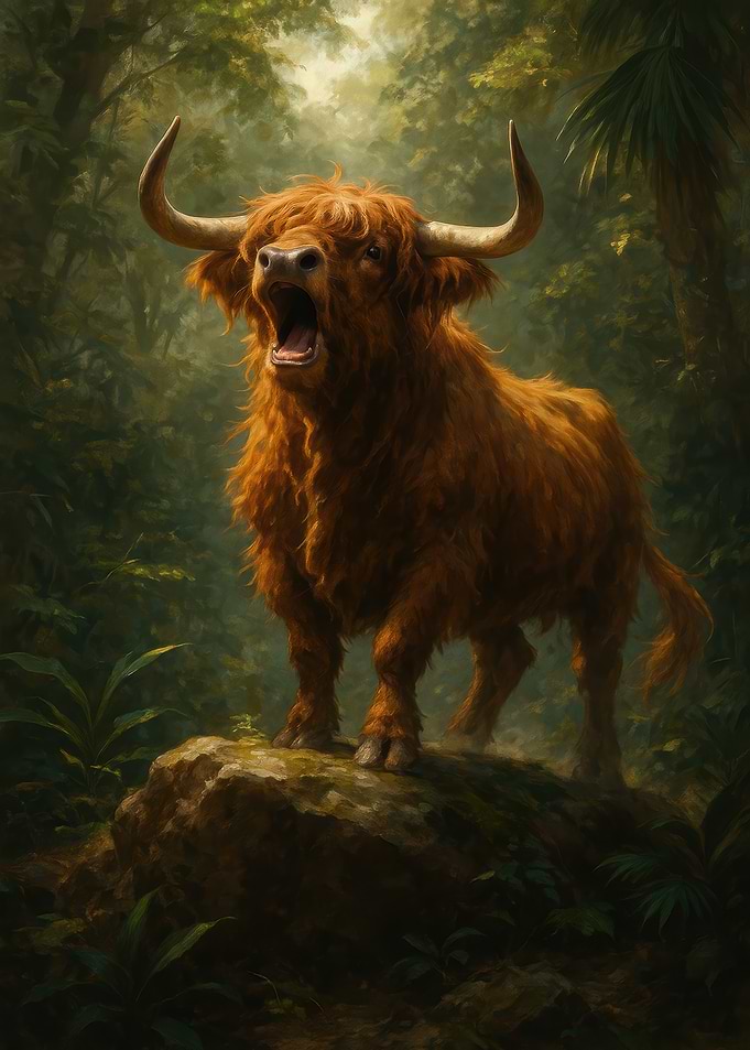 Highland Cow Roaring in Jungle