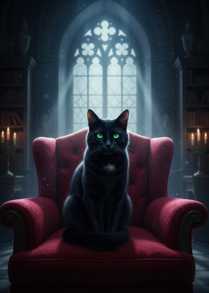 Black Cat on Red Velvet Throne
